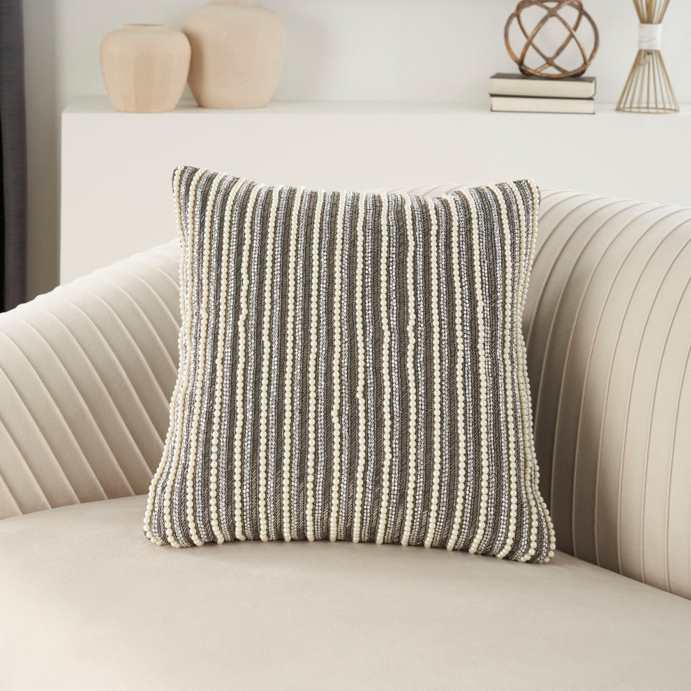 Nourison Home 20"x20" Sofia Beaded Vert Stripes Pewter Throw Pillows