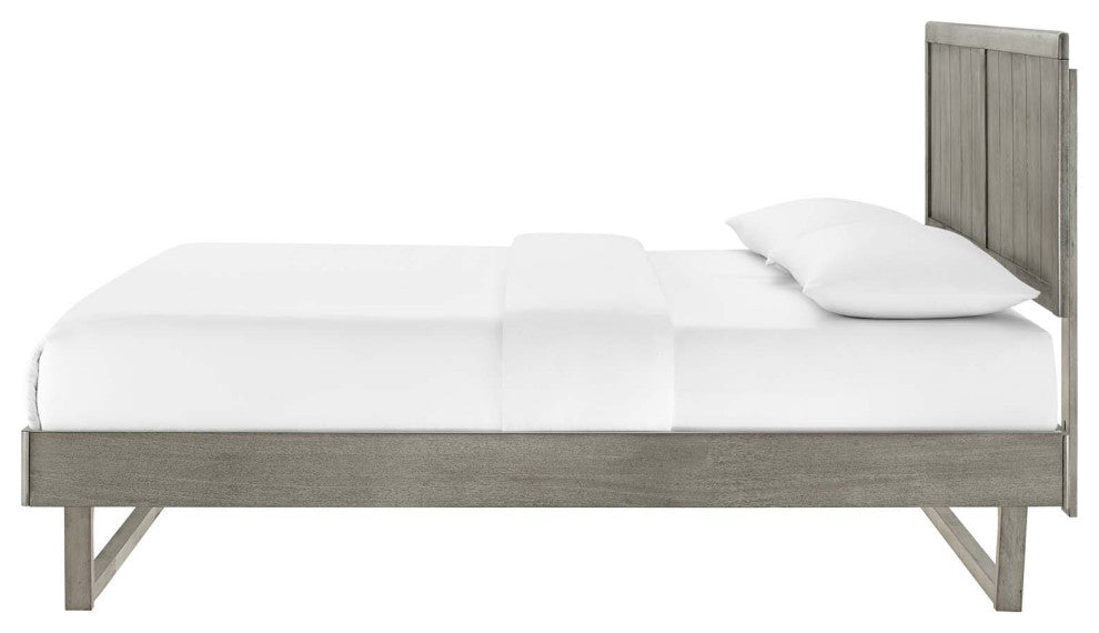 Platform Bed Frame, King Size, Wood, Gray, Modern Mid-Century, Bedroom