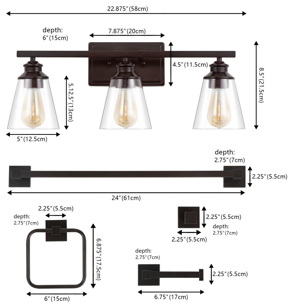 3-Light Vintage Classic Vanity Light, Bathroom Hardware Accessory Set, 5-Piece