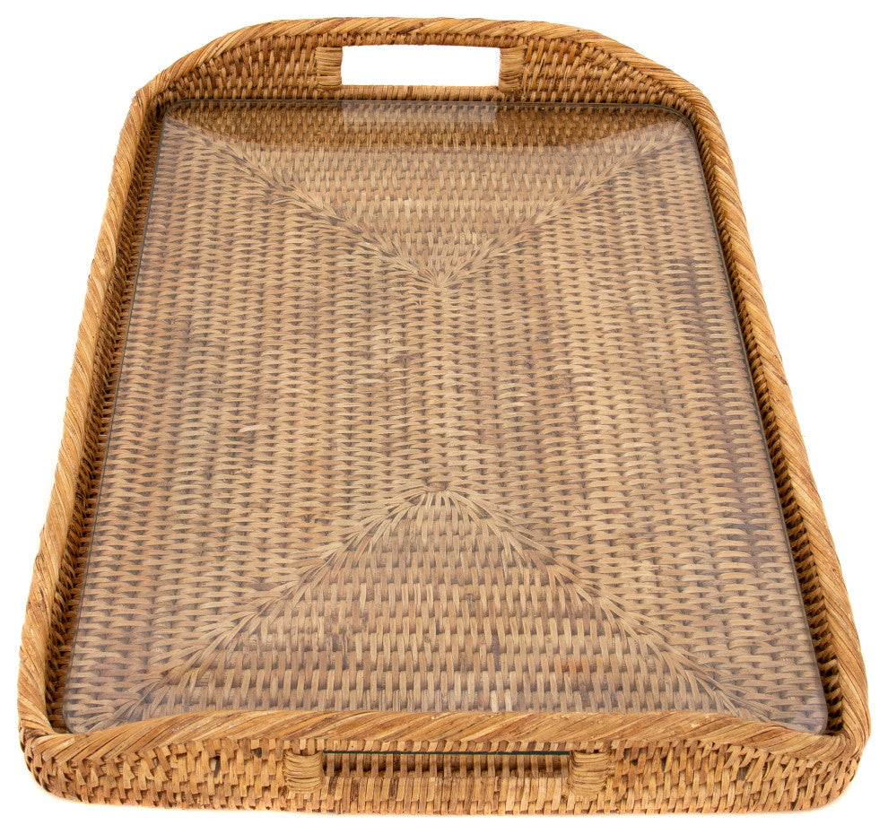Rectangular Tray With Glass Insert, Honey Brown, 17"x12"x1"