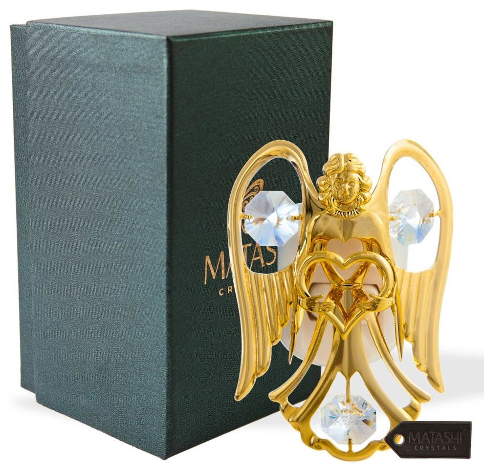 24K Gold Plated Crystal Studded Angel With Heart Night Light With white LED bulb