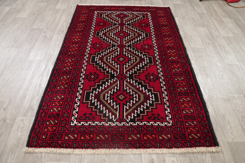 Balouch Oriental Traditional Hand-Knotted Afghan Area Rug, Red, 6'3"x4'1