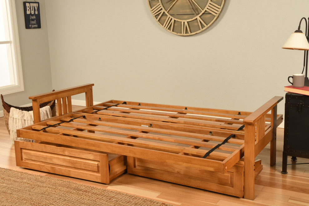 Caleb Frame Futon With Butternut Finish, Storage Drawers, Suede Blue