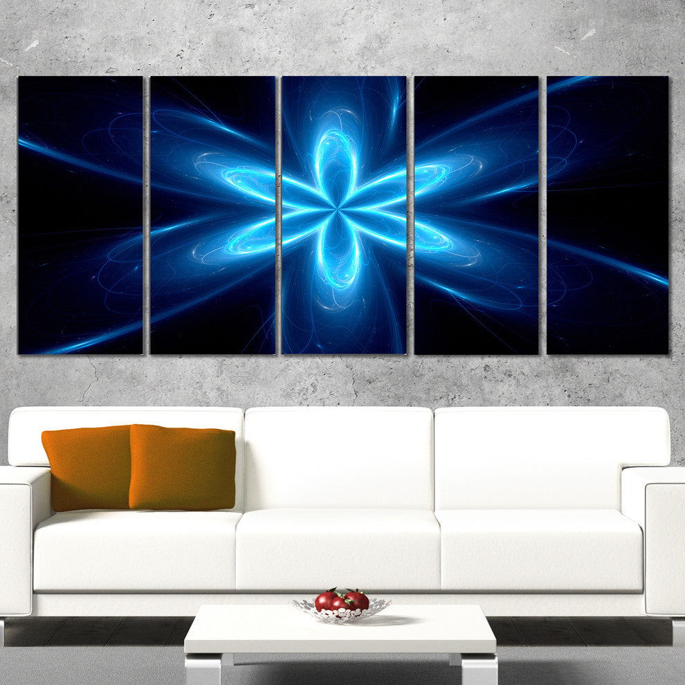 Blue Glowing Space Fractal Flower, Flower Artwork on Canvas, 60"x28", 5 Panels
