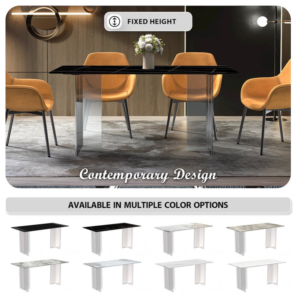 Kova Series Dining Table, Clear Base with 55 Black/Gold Sintered Stone Top