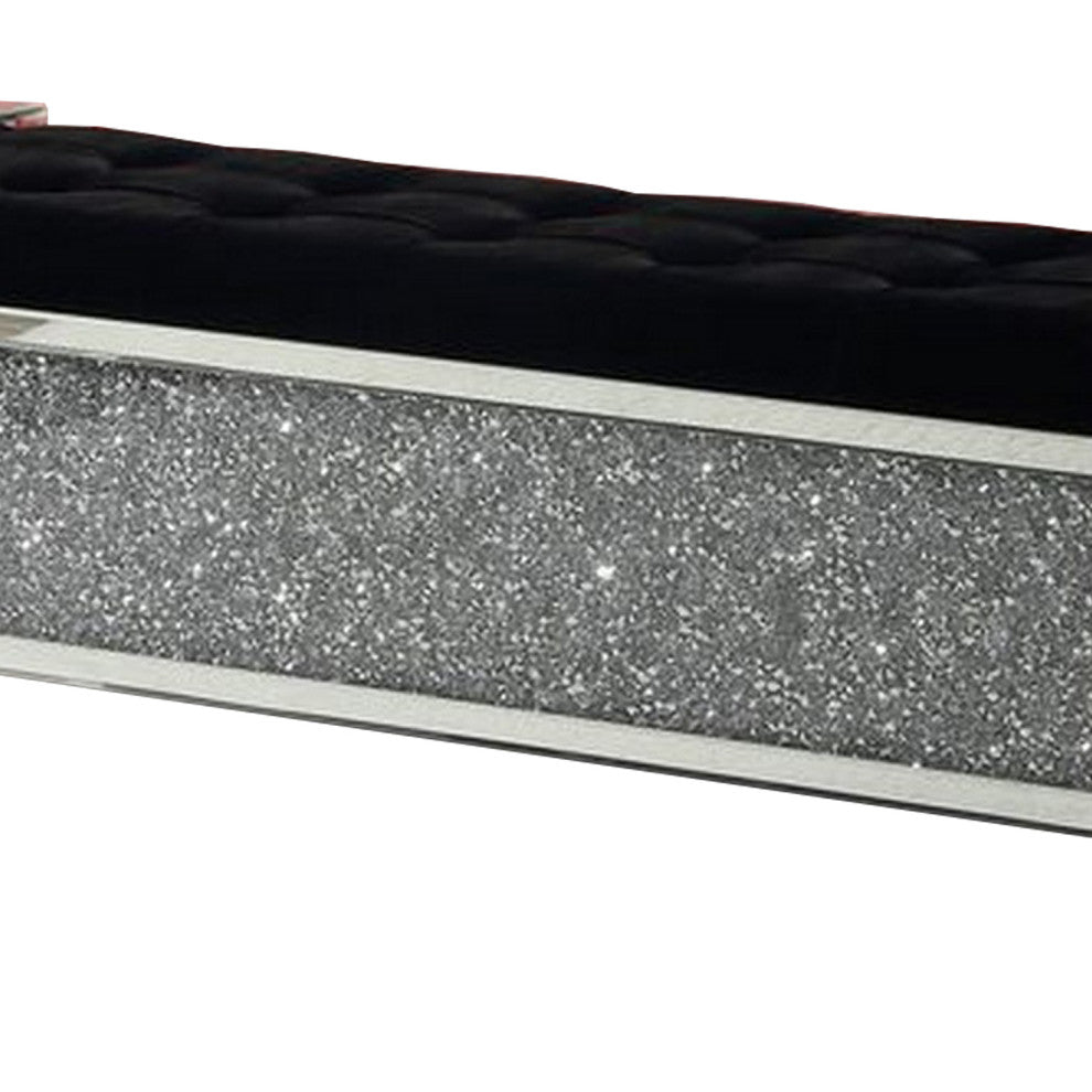 Benzara BM251182 Mirrored Bench With Tufted Fabric Seat/Faux Diamonds, Silver