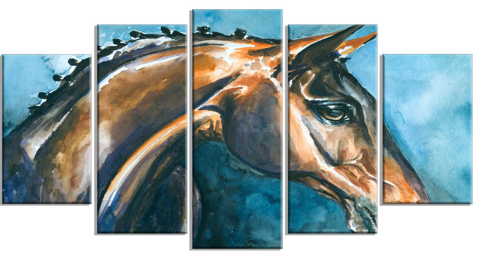 Brown Horse on Blue Watercolor, Abstract Canvas Art Print, 60"x32", 5 Panels