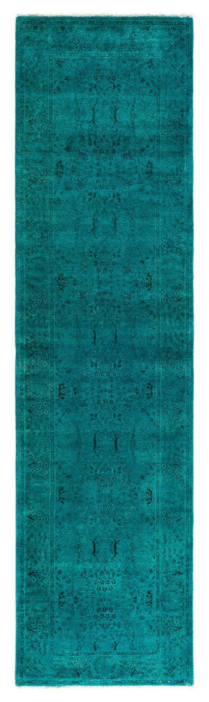 Contemporary Overdyed Wool Hand Knotted Blue Runner 2'6"x9'6"