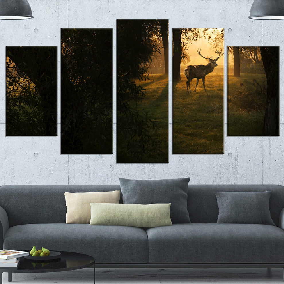Deer In Sunset In Deep Forest, Large Forest Canvas Art Print, 60"x32", 5 Panels