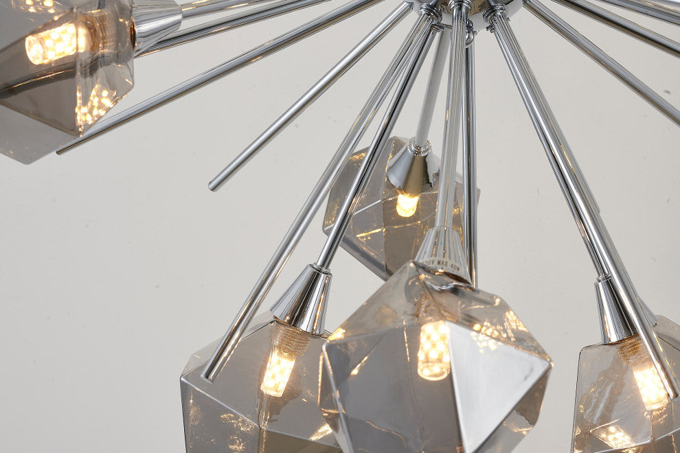 12-Light 33" Gold Metal Chandelier With Smoke Glass Shades, Chrome