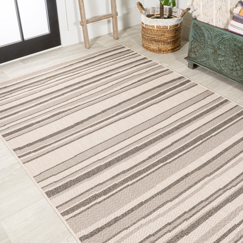 Castara Wavy Stripe Modern Indoor/Outdoor Area Rug, Cream/Dark Gray, 8x10