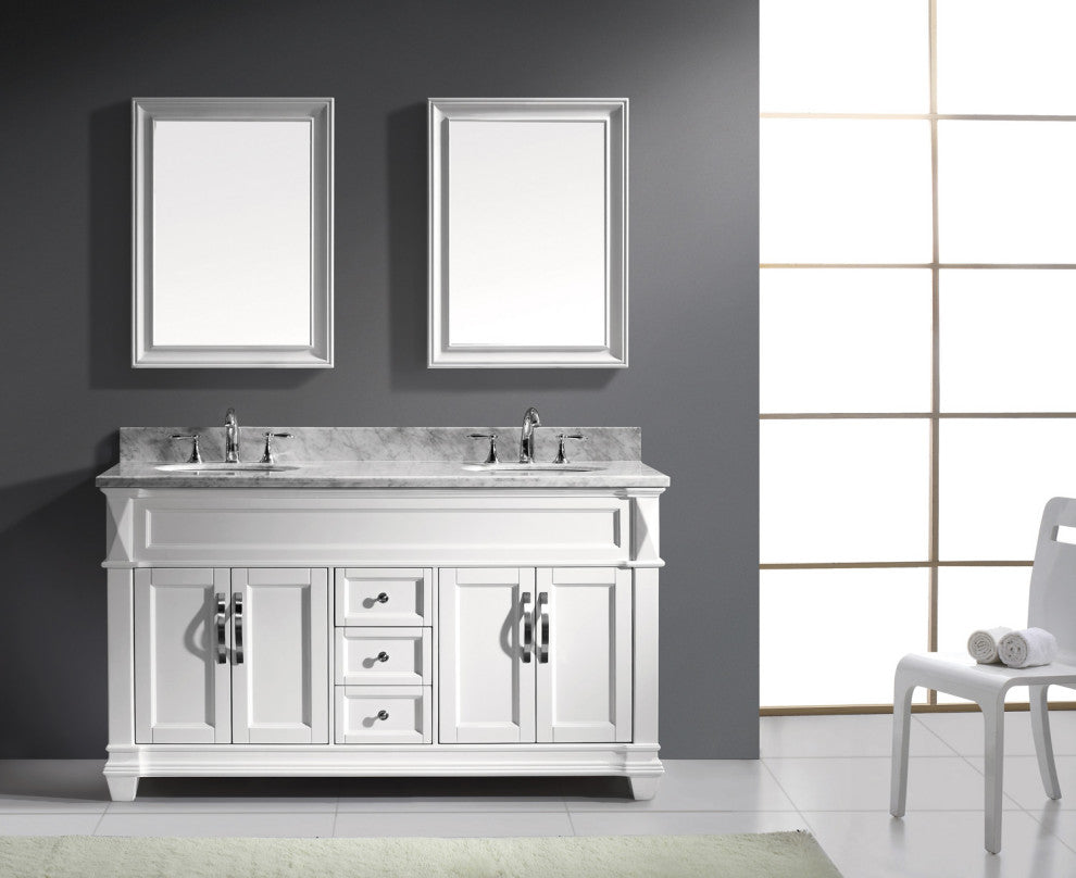 Virtu Victoria 60" Double Bathroom Vanity, White With Faucet and Mirrors