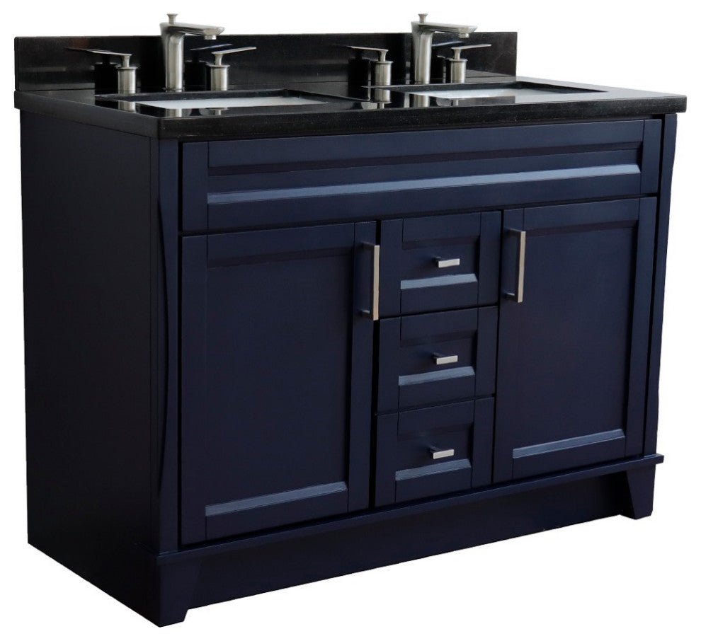 48" Double Sink Vanity, Blue Finish With Black Galaxy Granite