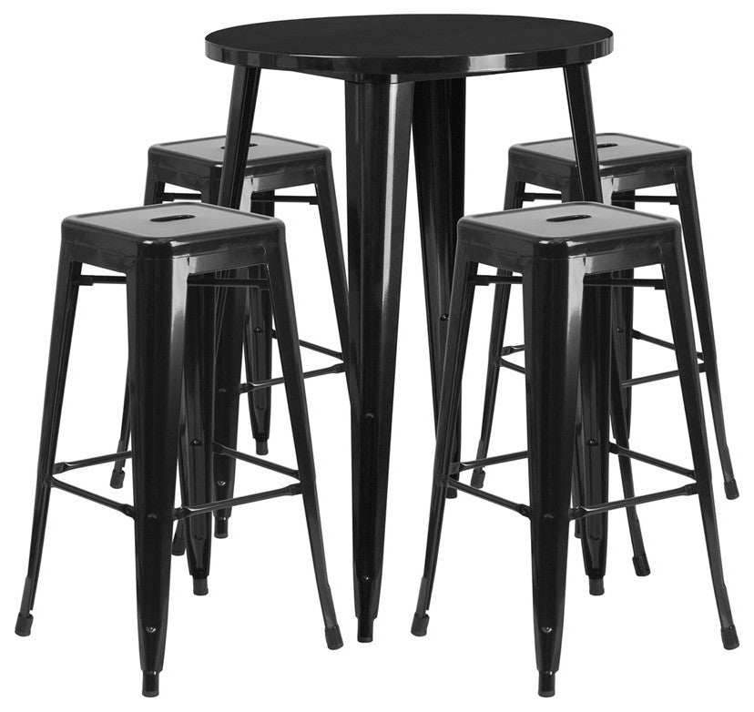 30" Round Black Metal Bar 5-Piece Table Set With 4 Square Seat Backless Stools