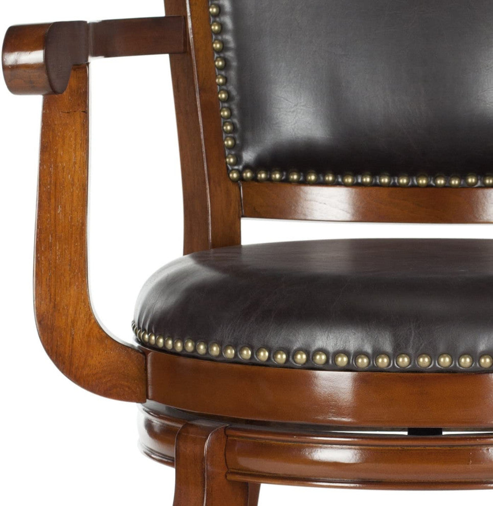 Classic Bar Stool, Curved Legs and Faux Leather Seat With Nailhead, Brown/Walnut