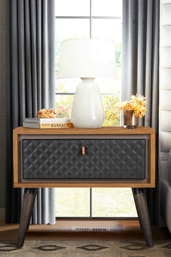 Coco Rustic Single Drawer Oak Wood and Faux Leather Nightstand