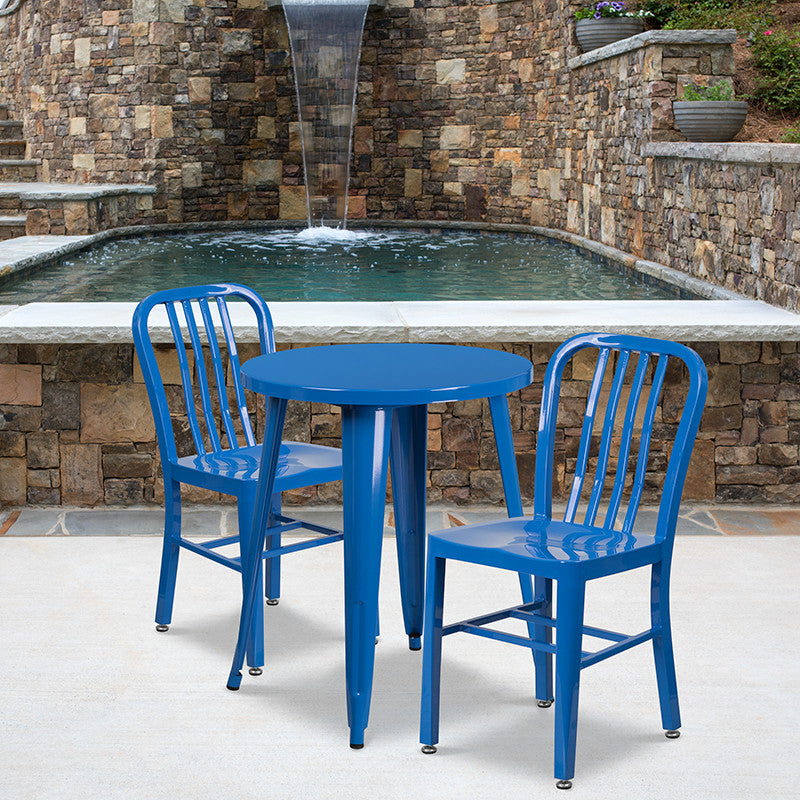 24" Round Blue Metal 3-Piece Table Set With 2 Vertical Slat Back Chairs