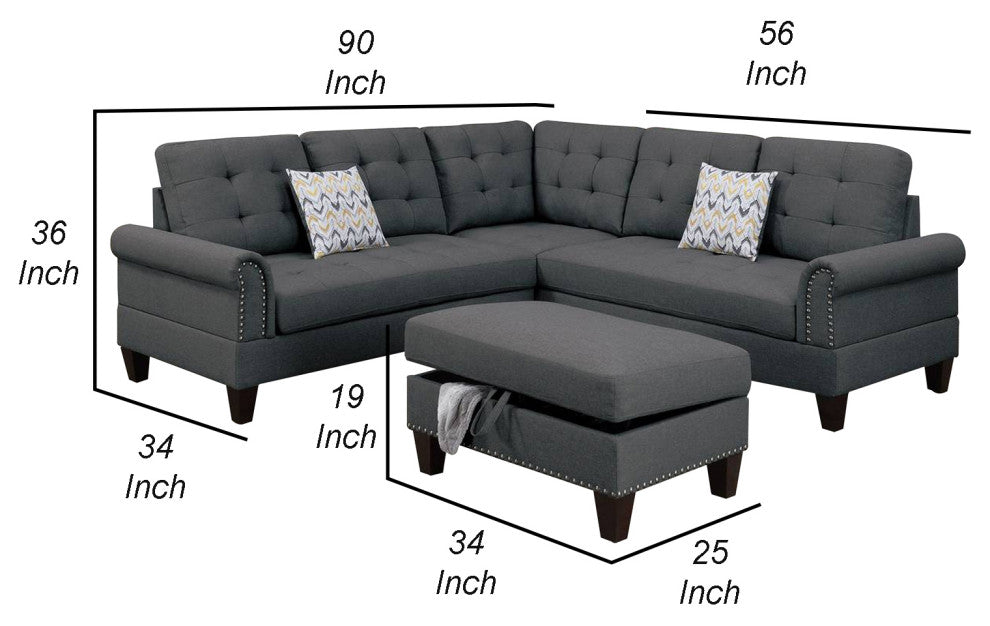 Benzara BM268876 3 Piece Sectional Sofa With Ottoman/Tufted Details, Dark Gray