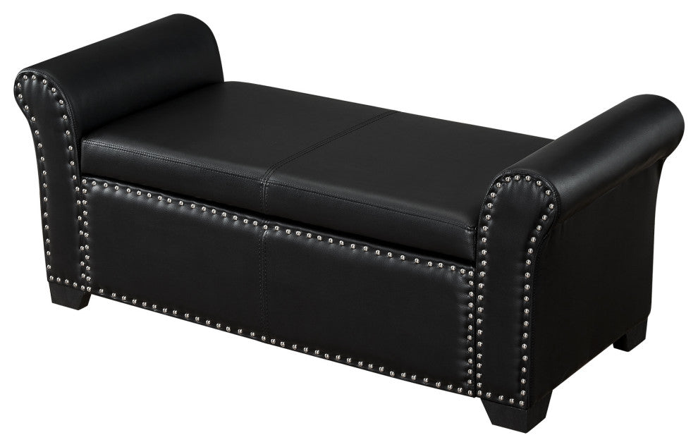 Veber PU Leather Nailhead Trim Storage Ottoman Bench, Black
