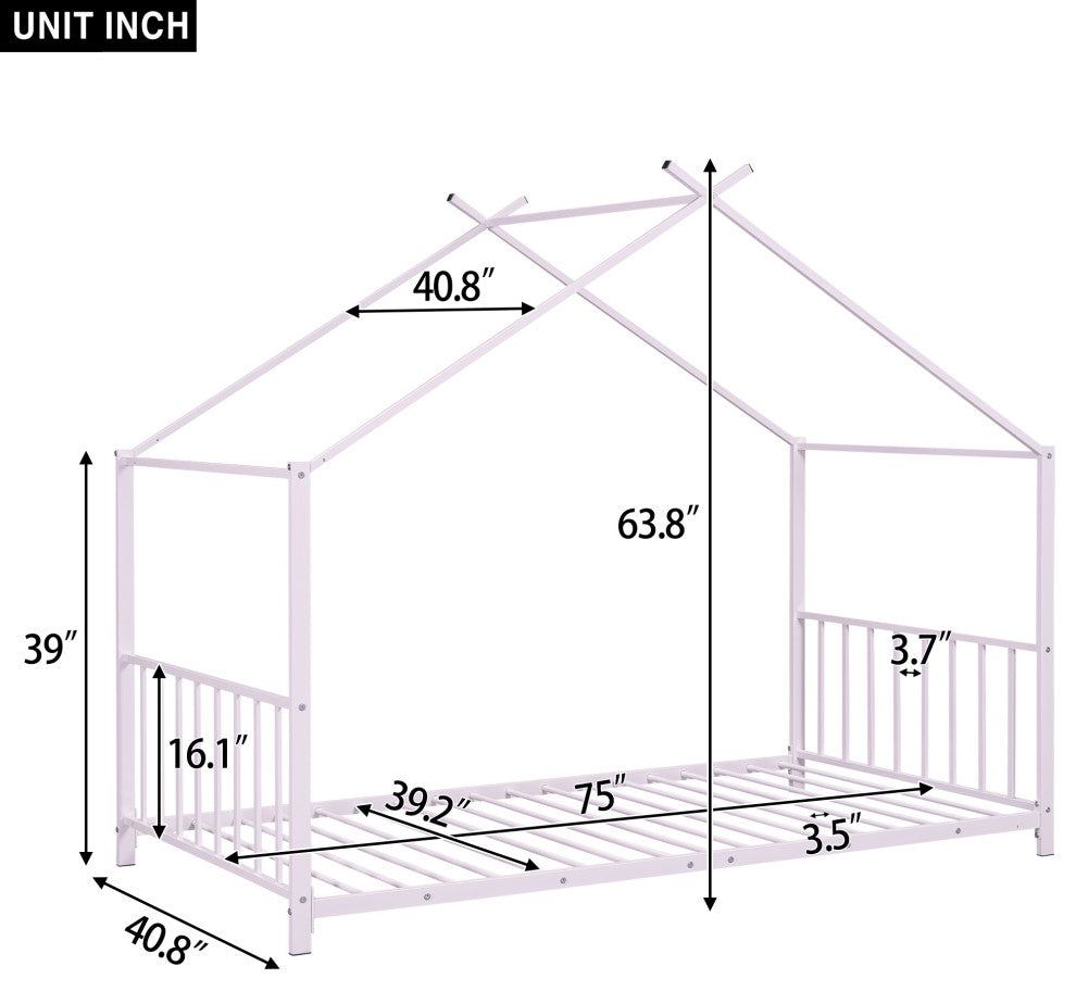Gewnee Twin Size Metal House Platform Bed, Pink