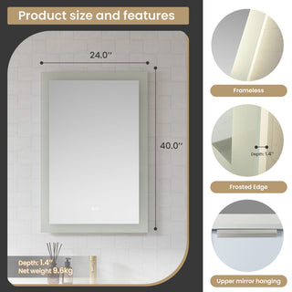 Beijing Rectangular Frameless LED Wall Bath Vanity Mirror, Acrylic, 24"w X 40"h
