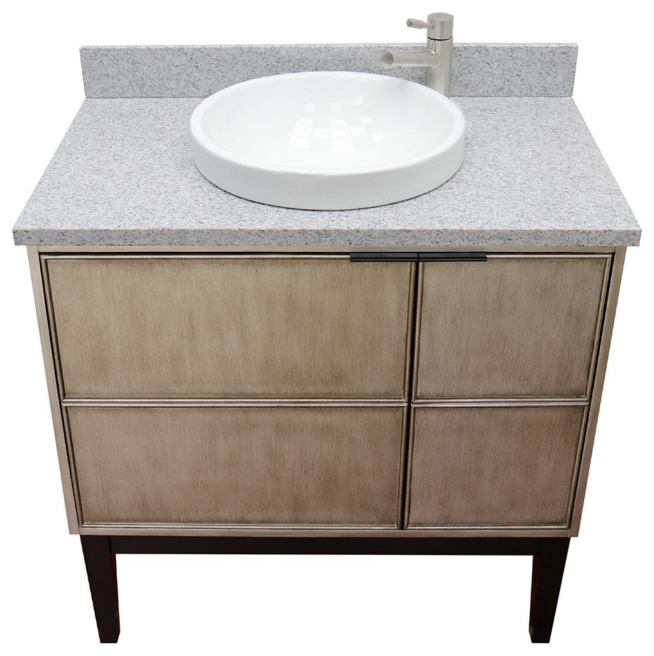 37" Single Vanity, Linen Brown Finish With Gray Granite Top And Round Sink