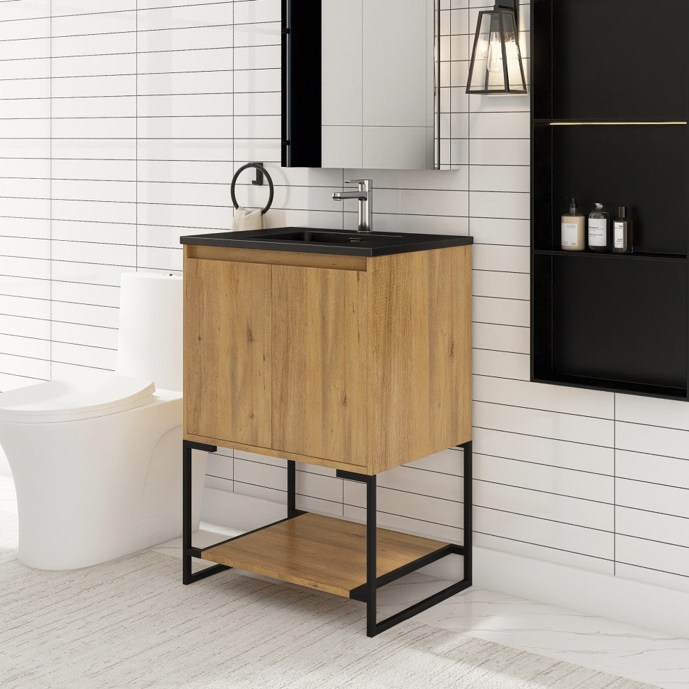 24" Freestanding Bath Vanity, Black Quartz Top, Oak