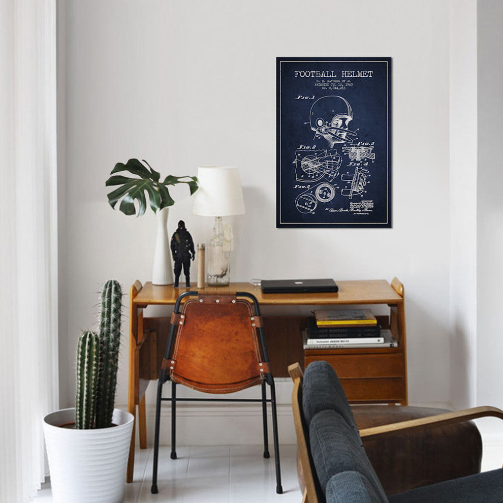 "Football Helmet Navy Blue Patent Blueprint" Wrapped Canvas Print, 26x18x1.5