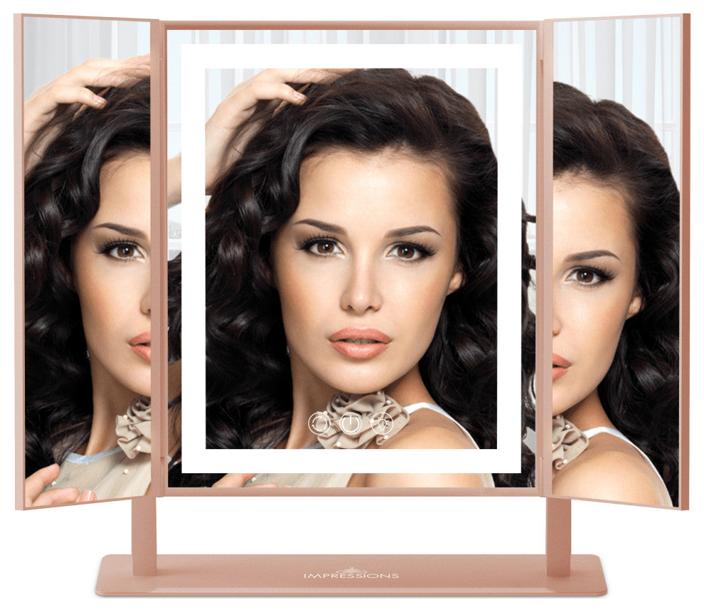 Luxury Trifold LED Tri Tone Makeup Mirror, Rose Gold