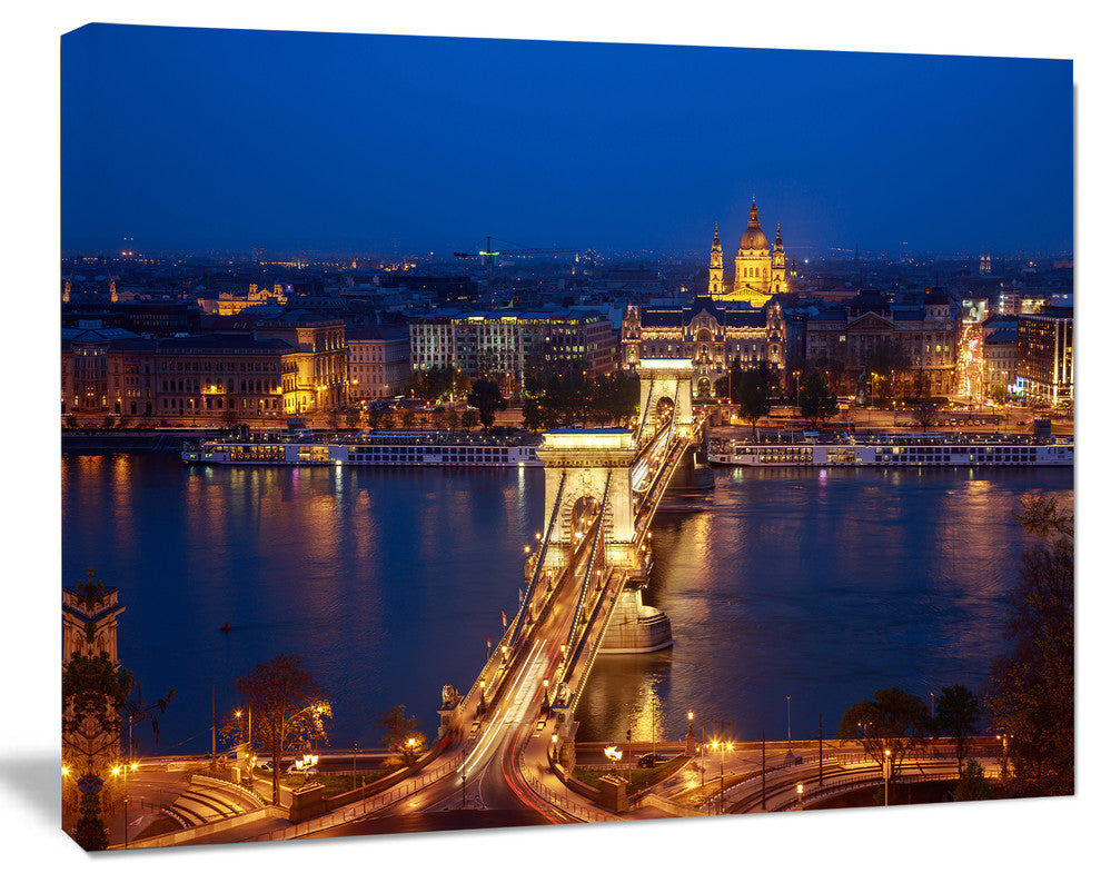 Illuminated Cain Bridge Budapest, Cityscape Canvas Art Print, 20"x12"