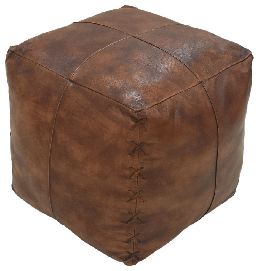 Handmade Leather Square Pouf (Recycled Foam with Fibre Fill) Antique Brown Color, 14x14x14