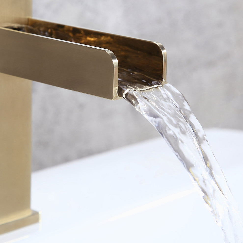 Modern Single Handle One Hole Waterfall Bathroom Sink Faucet Solid Brass, Brushed Gold