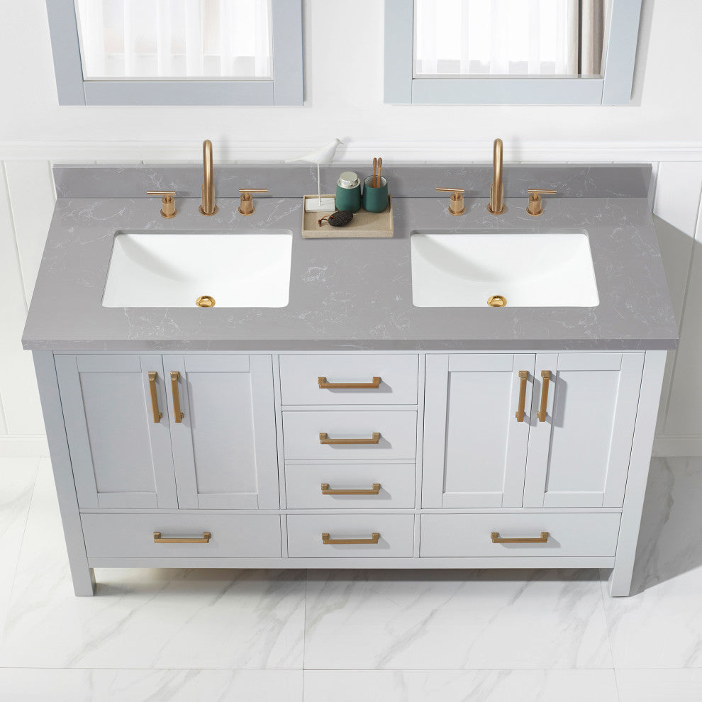 Jaen Composite Stone Vanity Top With Ceramic Sink, Reticulated Gray, 61"