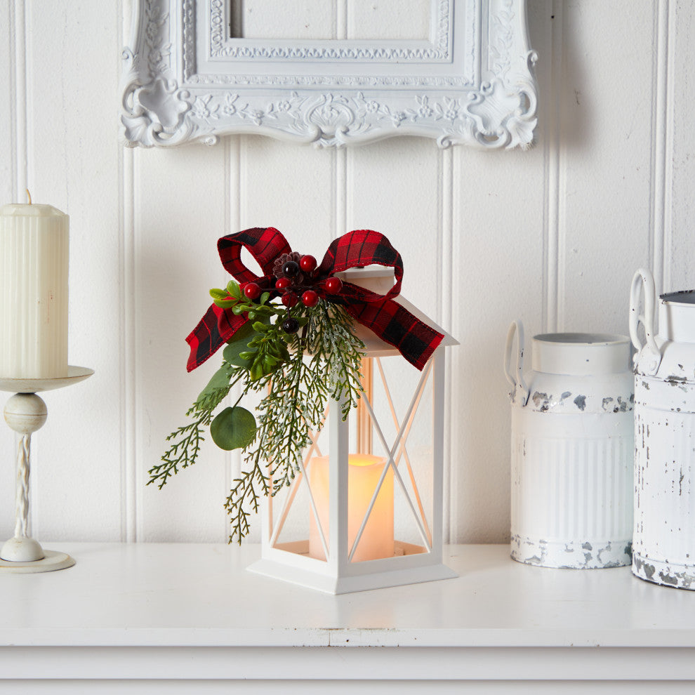12" Holiday White Lantern W/ Berries, Pine & Bow Faux Arrangement W/LED Candle