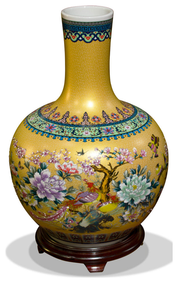 Gold Flower and Birds Chinese Porcelain Temple Vase, With Stand