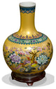 Gold Flower and Birds Chinese Porcelain Temple Vase, With Stand