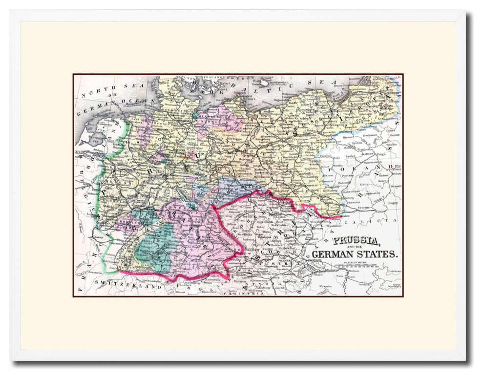 Prussia, Germany Old Map Print On Canvas With Frame Art Collection 16" X 21"