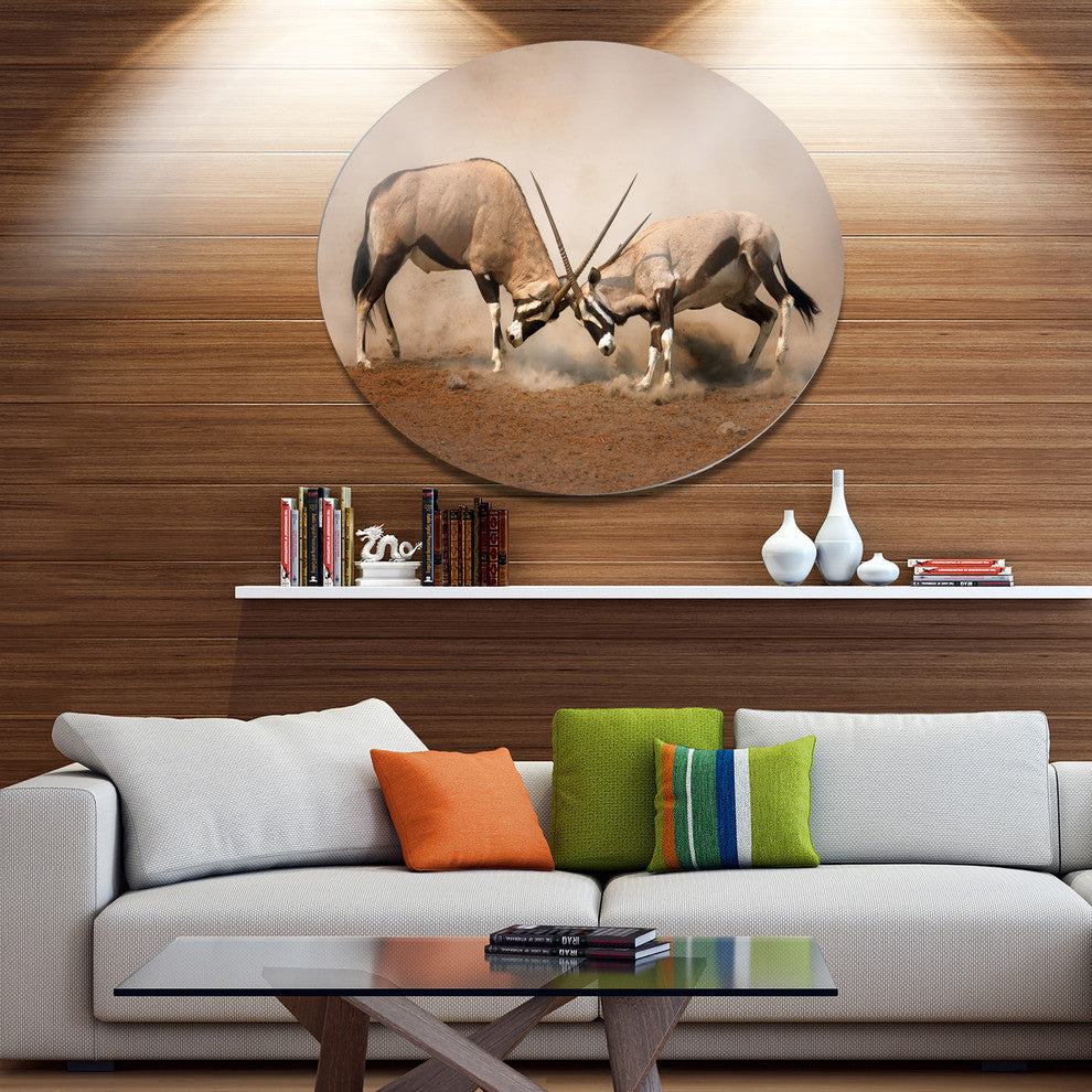Gemsbok Antelopes Fighting, African Disc Metal Artwork, 23"
