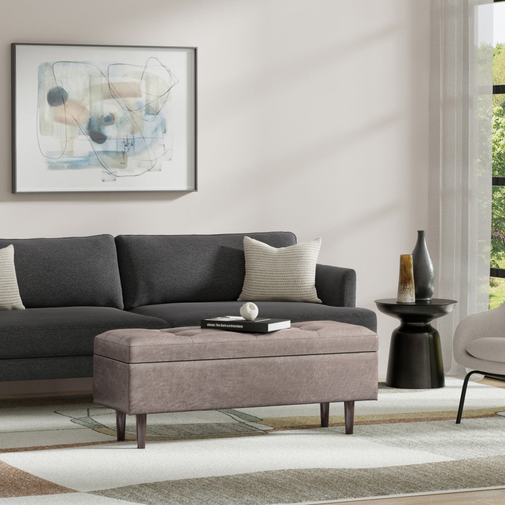 Shay Mid Century Rectangular Storage Ottoman, Distressed Grey Taupe