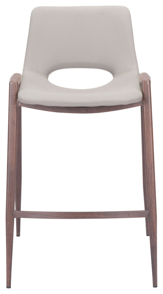 Counter Stool Chair, Set of 2, Faux Vinyl Leather, Steel, Beige, Walnut