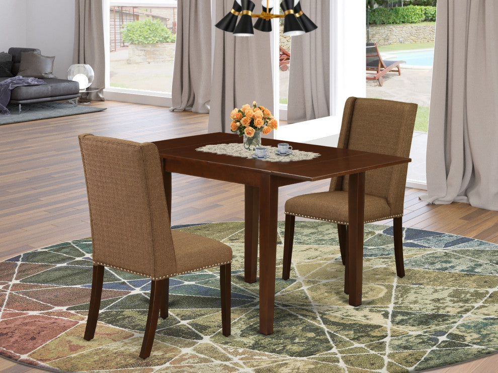 3Pc Dining Set, Drop Leaves Table, 2 Chairs, Brown Beige Chairs Seat, Mahogany