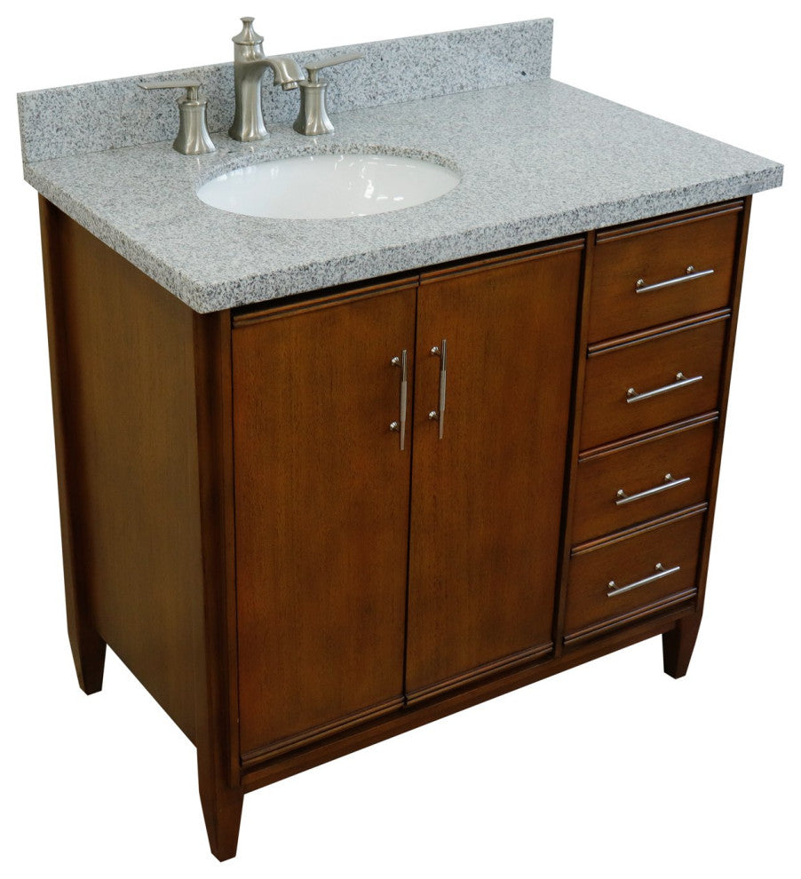 37" Single Vanity, Walnut Finish With Gray Granite