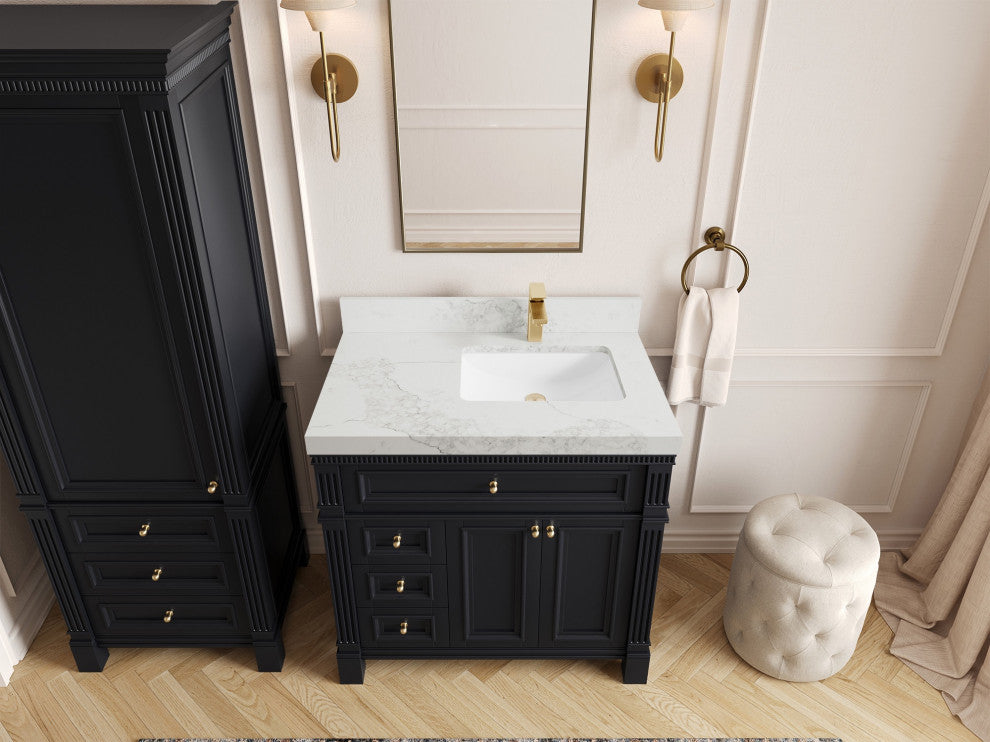 Paris 36" Right Offset Bathroom Vanity, Black 2" Calacatta Nuvo
