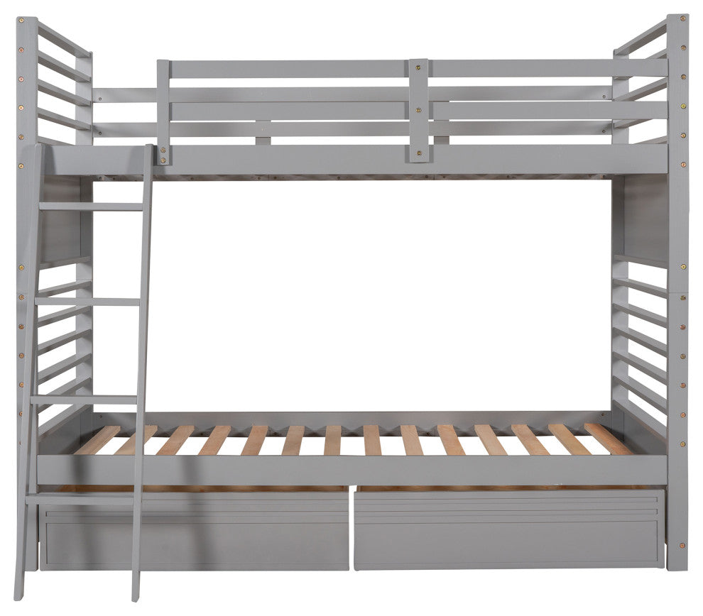 Gewnee Wood Twin Over Twin  Bunk Bed with Two Drawers in Gray