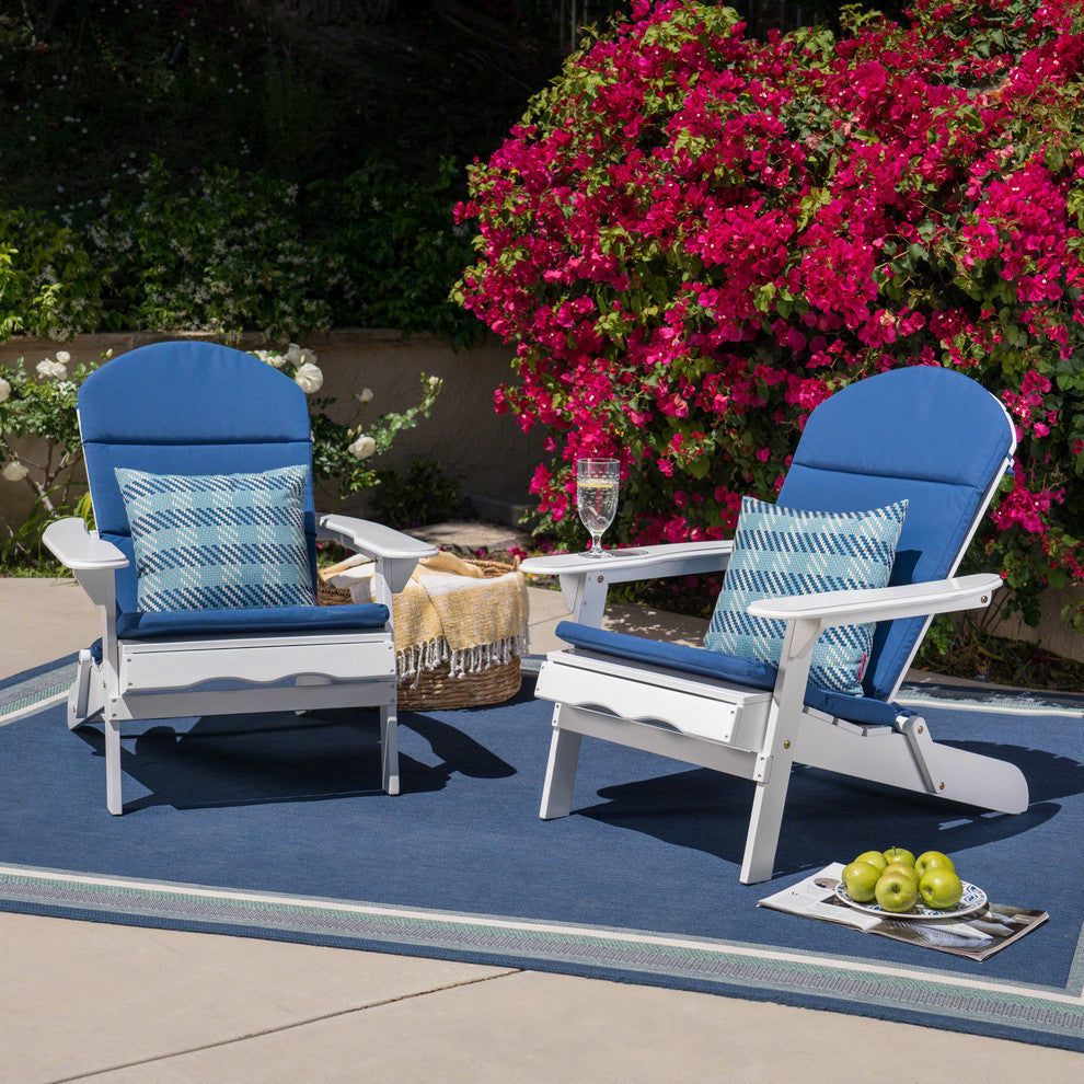 Outdoor Acacia Wood Folding Adirondack Chairs With Cushions, Set of 2, White/Navy Blue