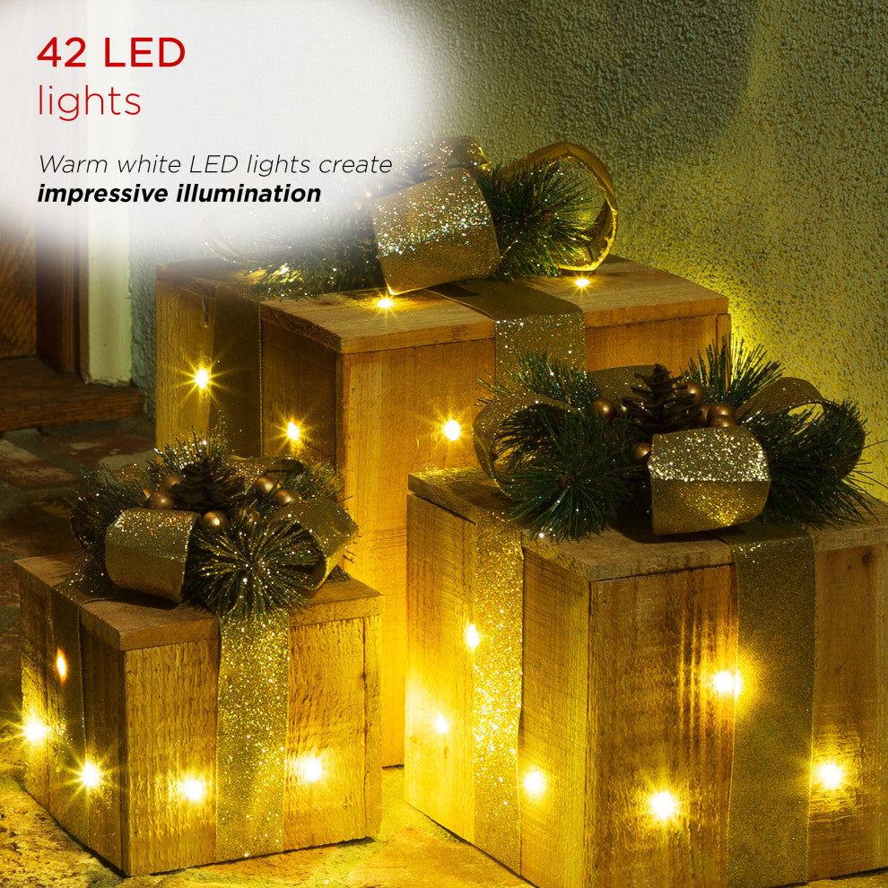 3-Piece Wooden Gift Box Christmas Decor with LED Lights, Gold