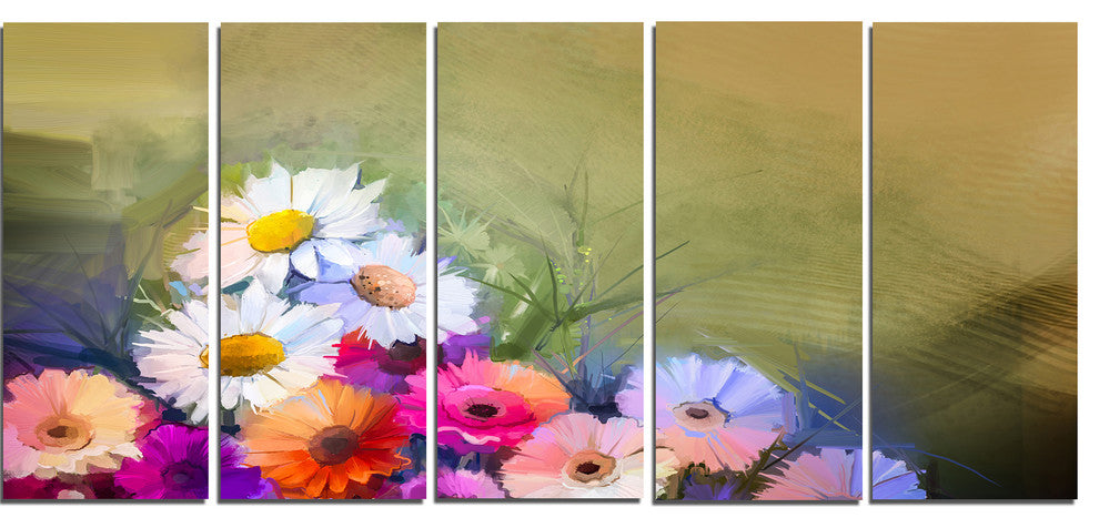 White Sunflower and Gerbera Flowers, Floral Canvas Art Print, 60"x28", 5 Panels