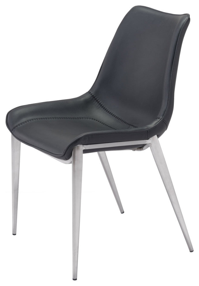 Dining Chair, Set of 2, Faux Vinyl Leather, Steel, Black, Silver, Cafe Bistro