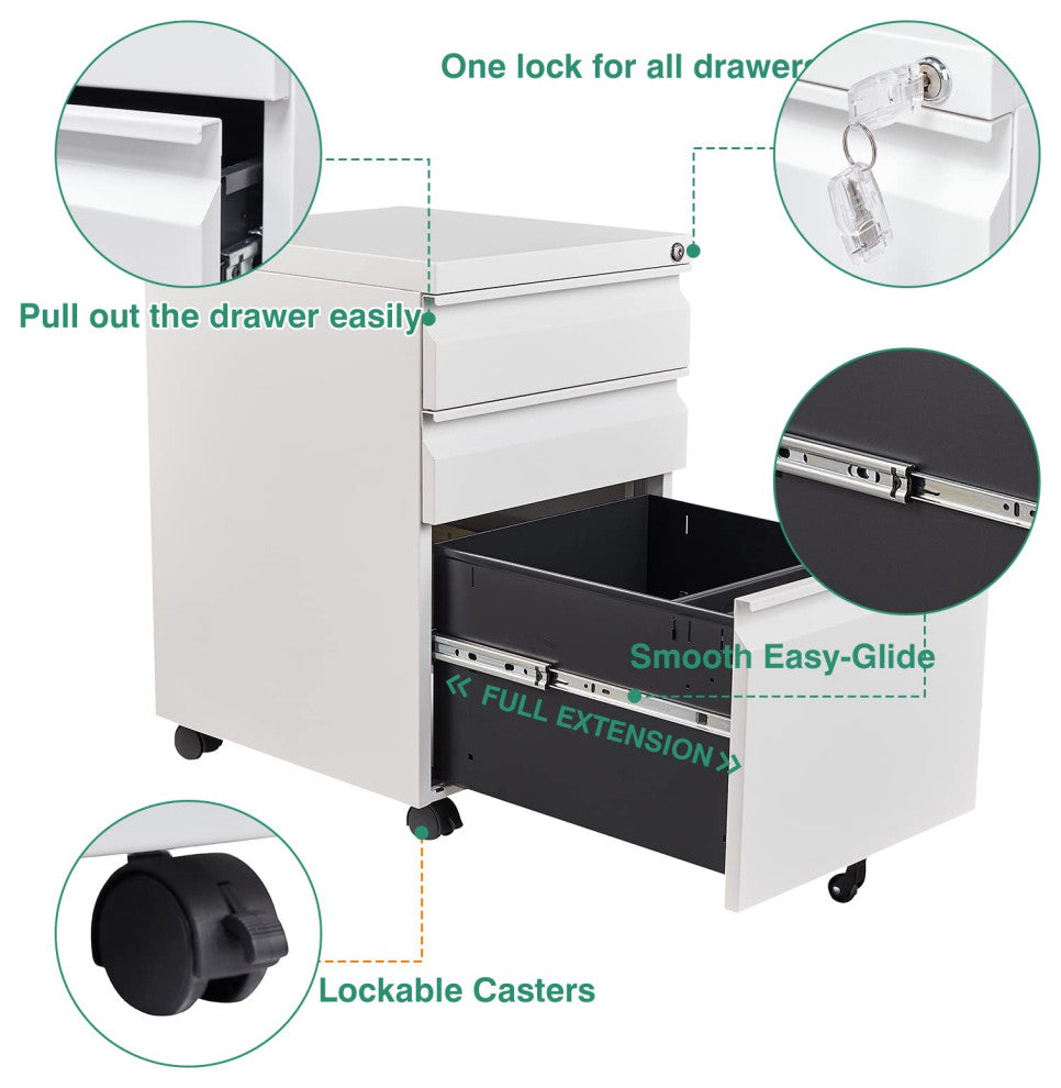 3 Drawer Mobile File Cabinet Under Desk Storage File Cabinets, White
