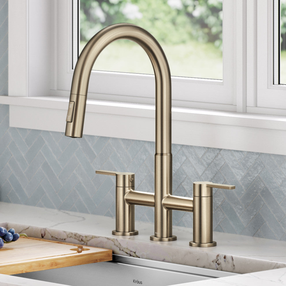 KRAUS Oletto 2-Function Pulldown 3-Hole Bridge Kitchen Faucet, Spot Free ACB